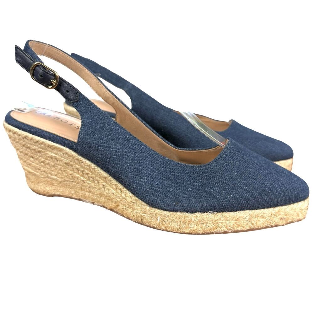 Talbots Vivi Slingback Denim Espadrille Wedge Point Toe Heels Shoes Blue sz 7 M